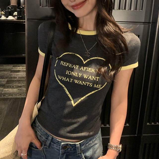 コントラストカラー ハートロゴスリムTシャツ A4283