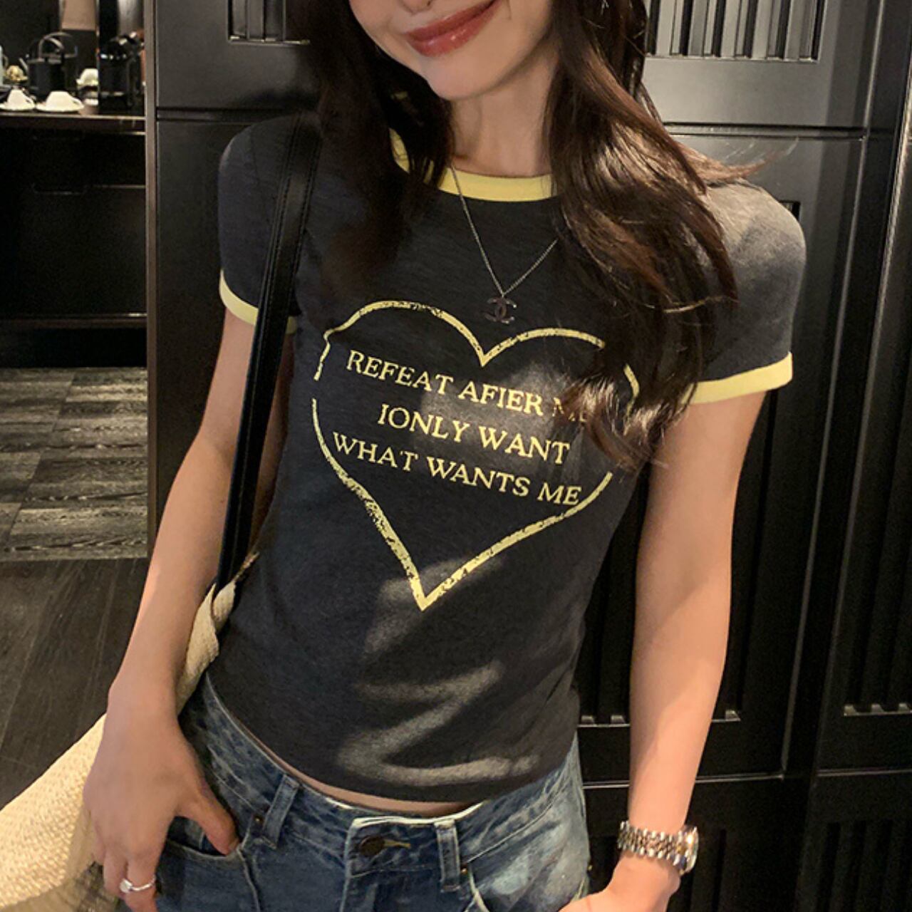 コントラストカラー ハートロゴスリムTシャツ A4283