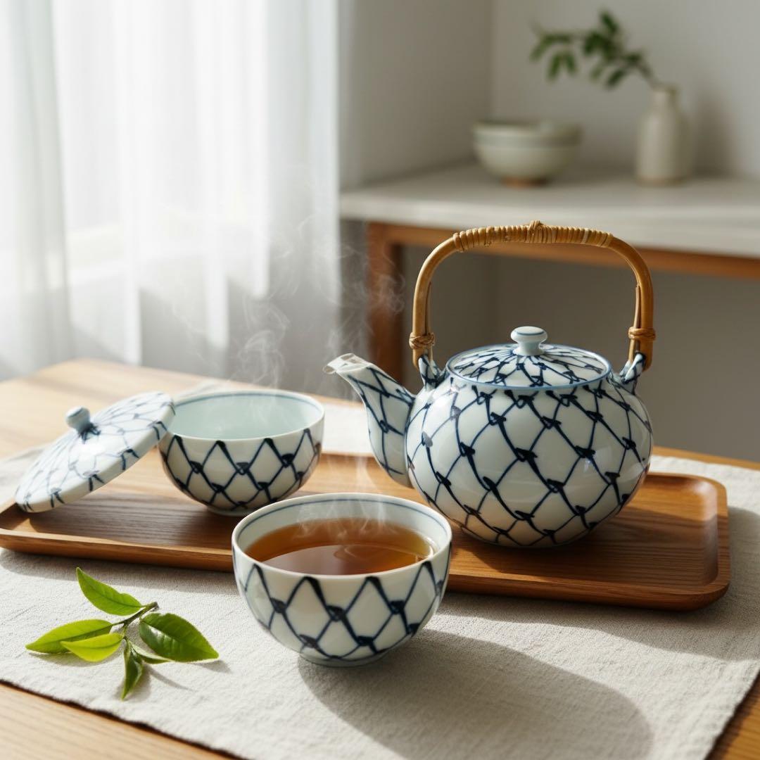 有田焼 永峰窯 染付 網目紋 茶器揃え ( USED ) 】 | 和食器 えとふく
