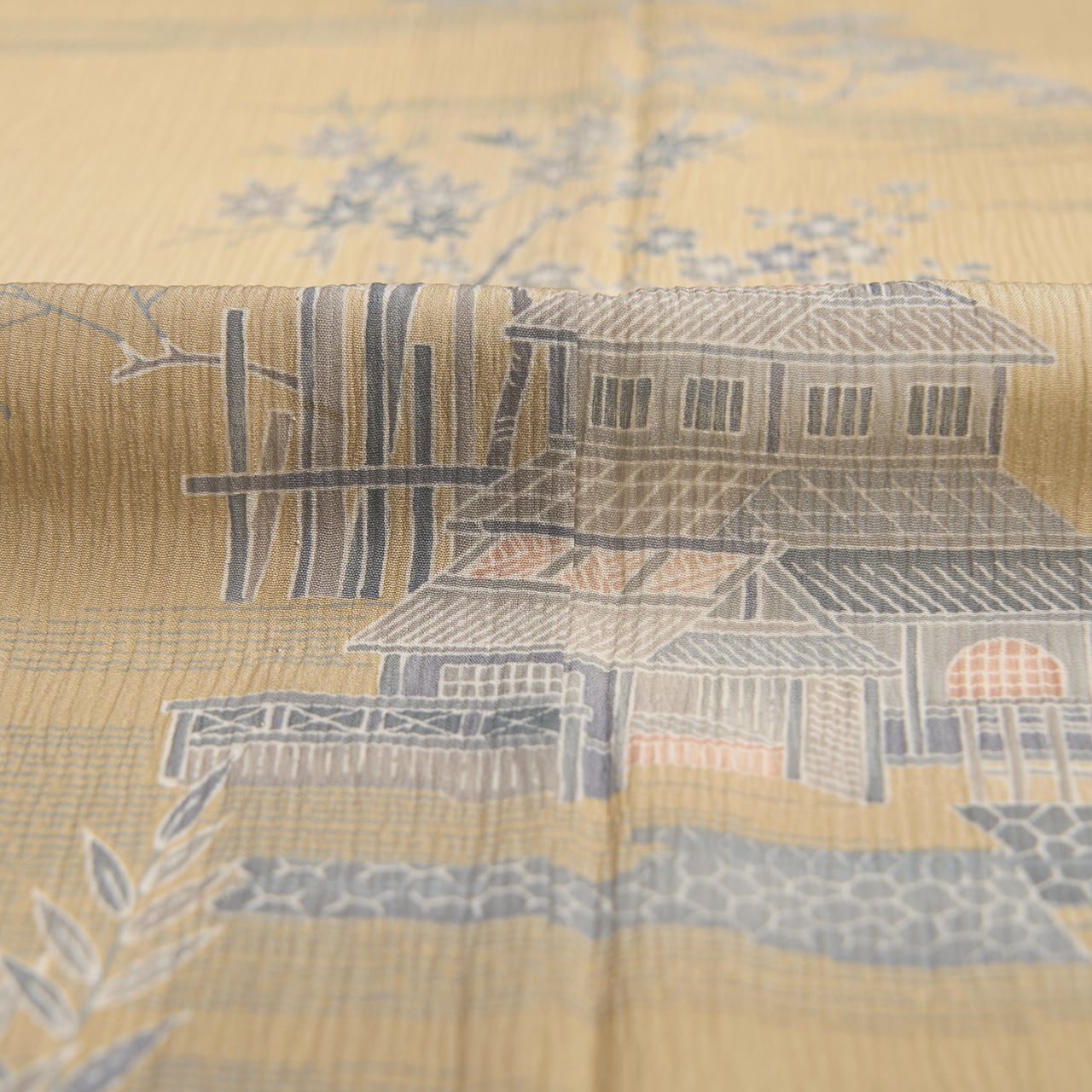 茶屋辻模様 手描友禅 絹ちぢみ単衣着物中古 | かわの屋 茶屋辻模様 手描友禅 絹ちぢみ単衣着物中古 | かわの屋