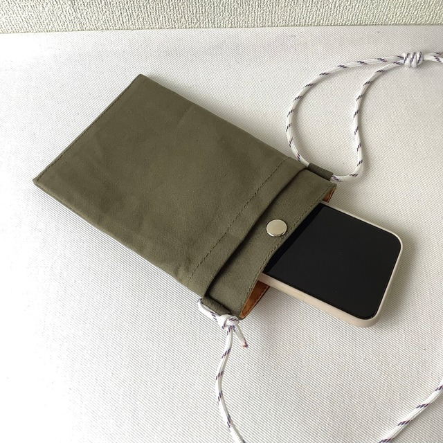 【全6色】外ポケット付きスマホショルダー／倉敷帆布 11号帆布【受注製作】