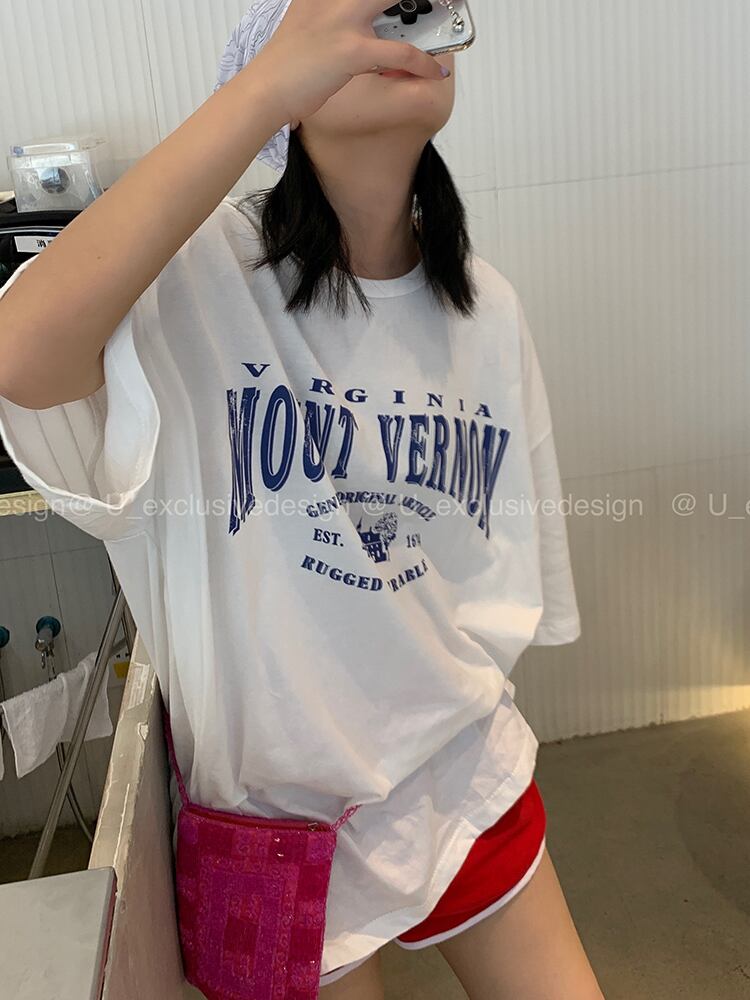 ルーズプリントスリーブTシャツ サマーロング半袖 ショート ハーフスリーブ 夏物 ビッグFスモールZ韓国45581832207