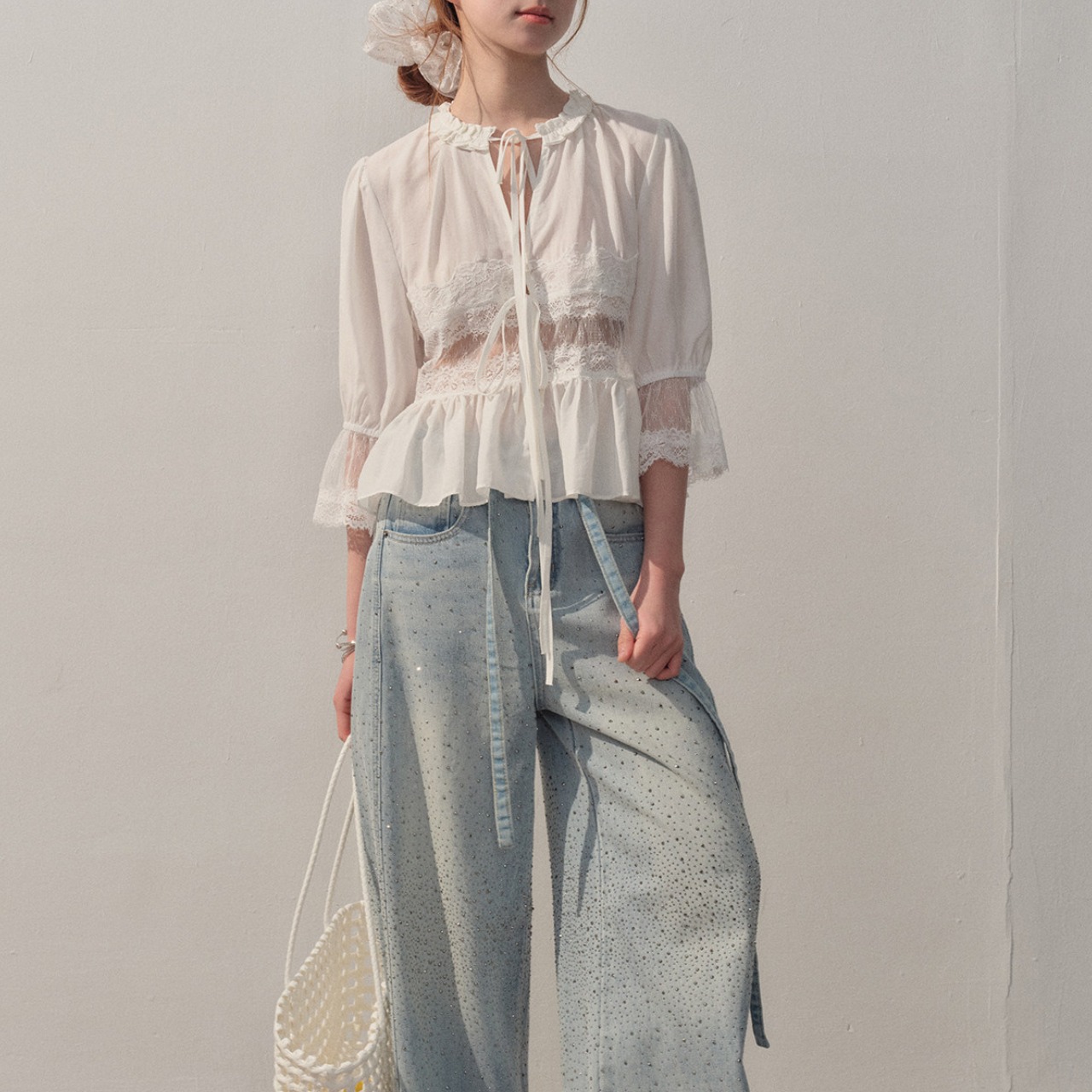 Ribbon Tie  Lace Short Blouse  T4457