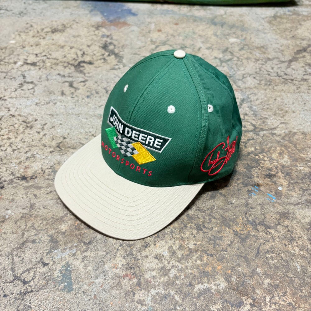 90s GURR ジョンディア Chad Little サイン 刺繍 ROUSH Racing ロゴ スナップバックキャップ NASCAR ツートン グリーン ヴィンテージ ビンテージ USA アメリカ古着