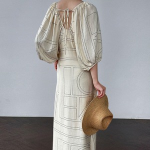 バックオープンパフスリーブモダンプリントワンピース R01208