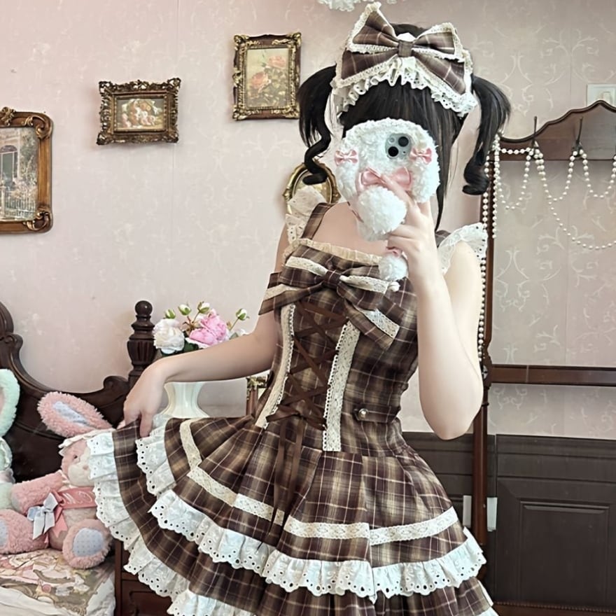 甘ロリ JSK クラシカルチェック×レース×編み上げ 細見えシルエット