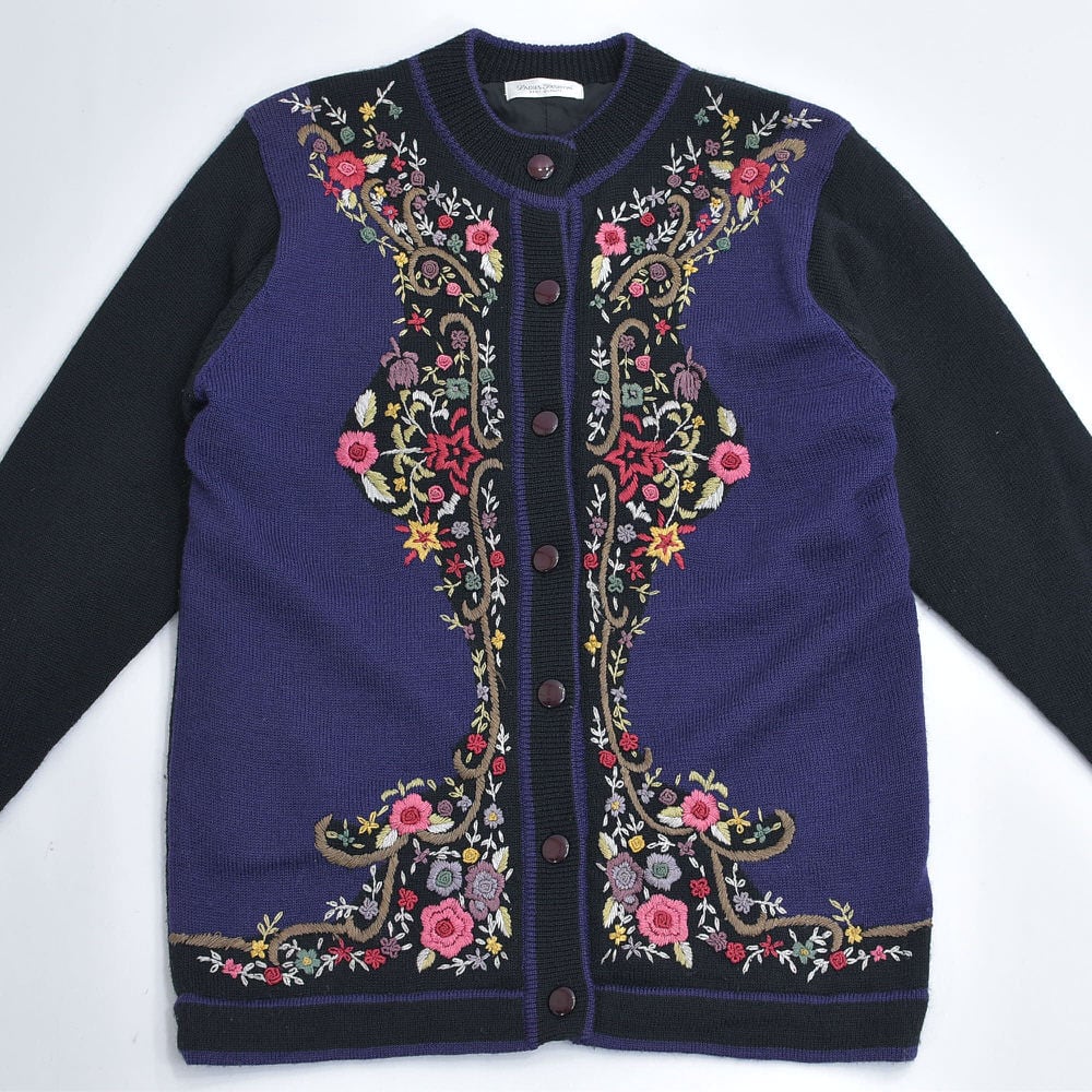 80~90s LADIES FASHION フラワー刺繍デザイン ウールニット 80~90s LADIES FASHION フラワー刺繍デザイン ウールニット