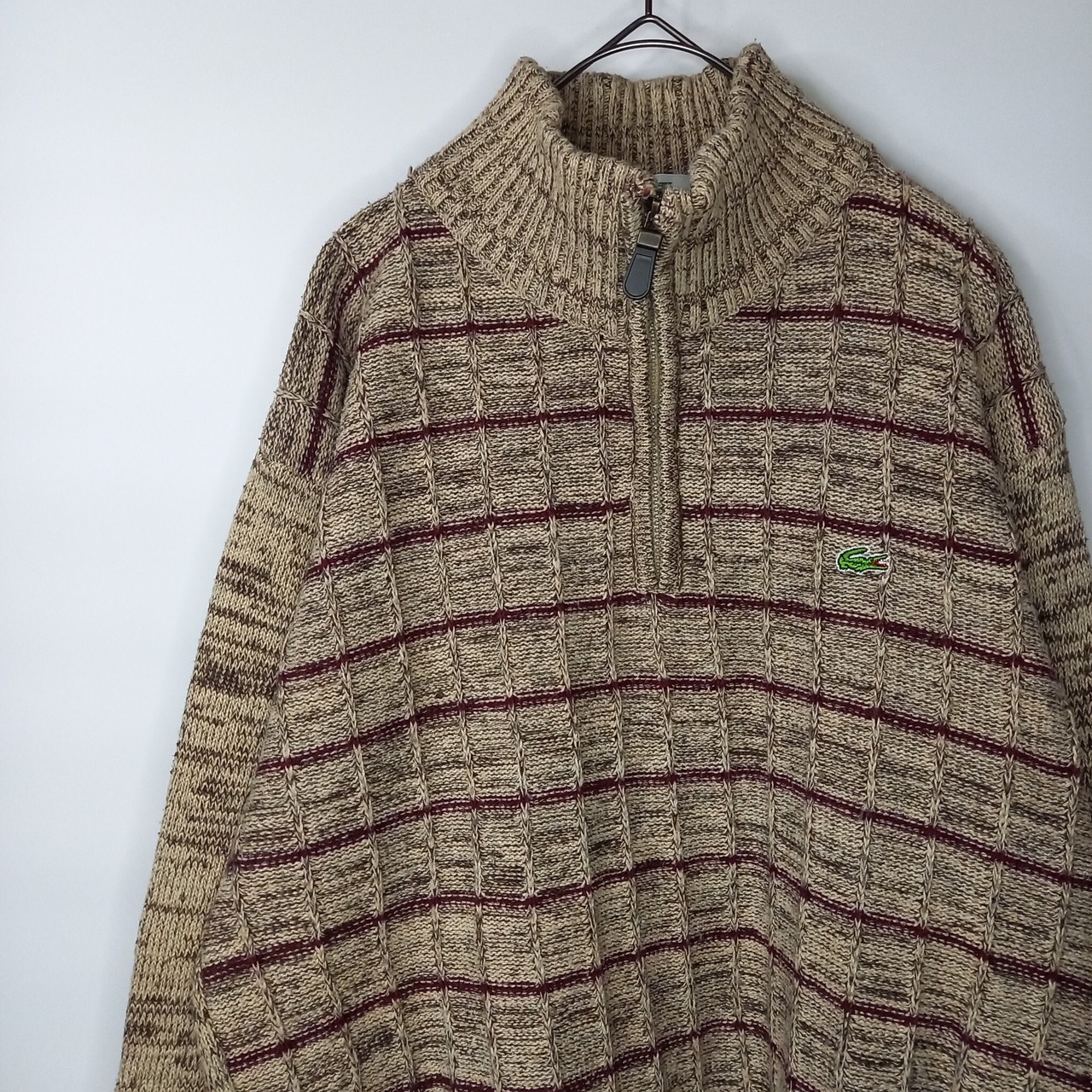 00s　ラコステ　ハーフジップ　アクリル　ニット　セーター　刺繍ロゴ　畔編み