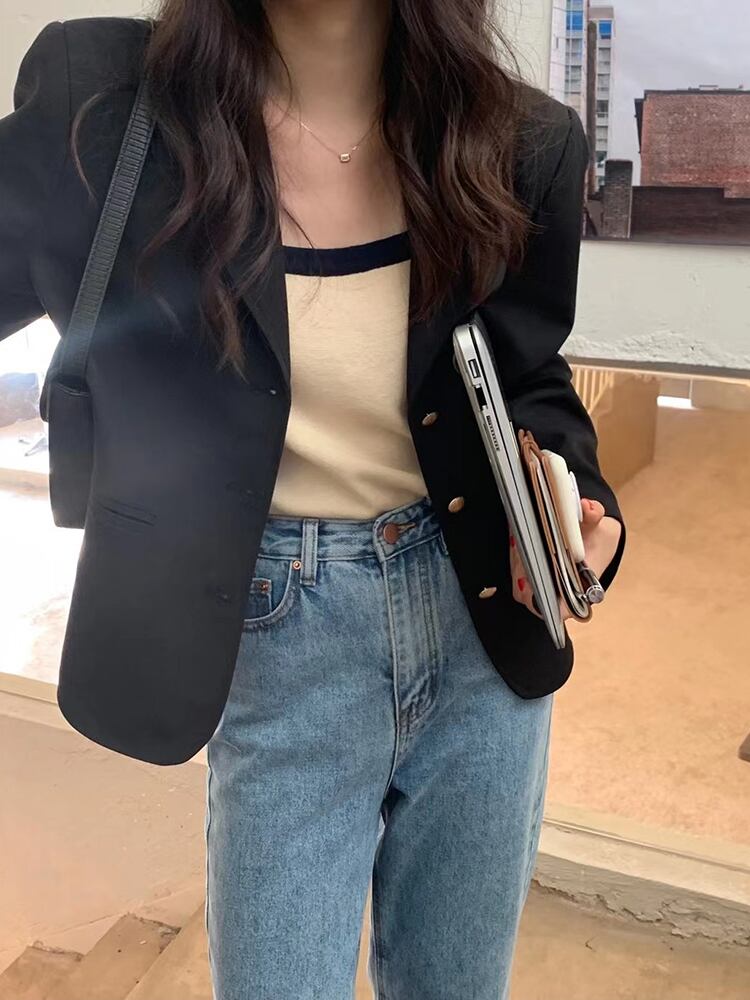 ゴールドボタン薄手ブラックジャケット ロング ビッグFスモールZ韓国93208951952