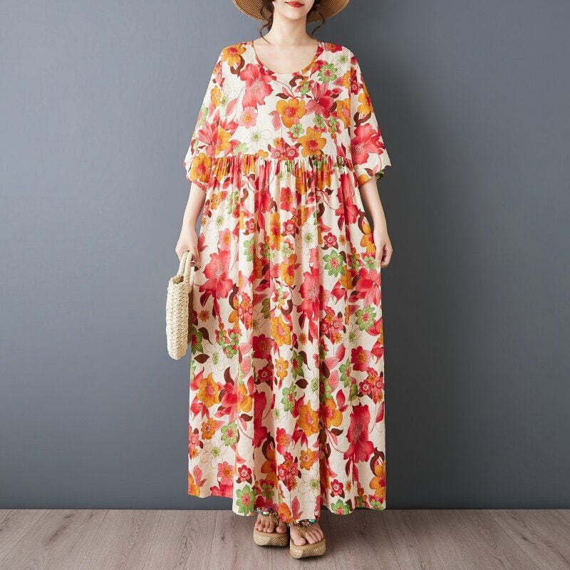 FLORAL U-NECK SHORT-SLEEVE LOOSE LONG DRESS M-17961