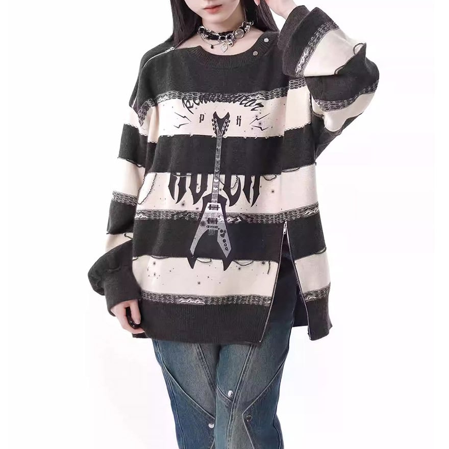 サブカル 服 地雷系 通販 長袖セーター ニット ボーダー サイド