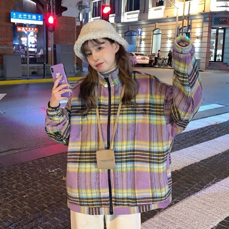 カラー格子柄ジッパーコート オータムウィンター コットン 秋物 冬物 YY-ファッション88321302829