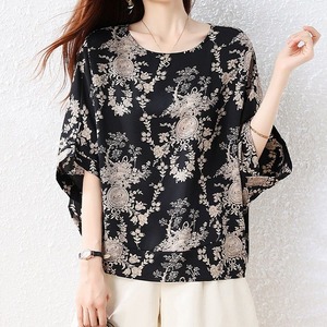 PRINT BATWING ROUND NECK SHORT SLEEVE LOOSE TOP M-18019