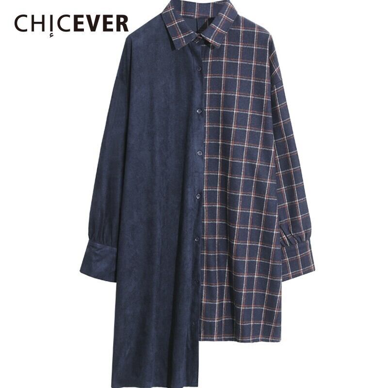 CHICEVERチェック柄アシンメトリードレスレディースラペルロングスリーブヒットカラールーズオーバーサイズドレス2020年秋 長袖 オータム 秋物 6base578276664856