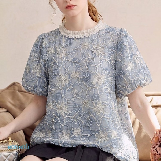 フリルネック 刺繍レース パフスリーブ トップス 2color 26149