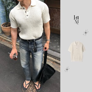 【Muscle Fit】Mesh Grain Half Polo Knit (Ivory)