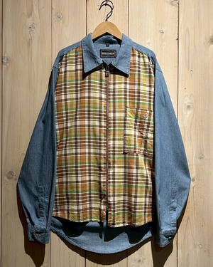 【a.k.a.C.a.k.a vintage】Checkered Switching Design L/S Zip-Up Denim Shirt Jacket
