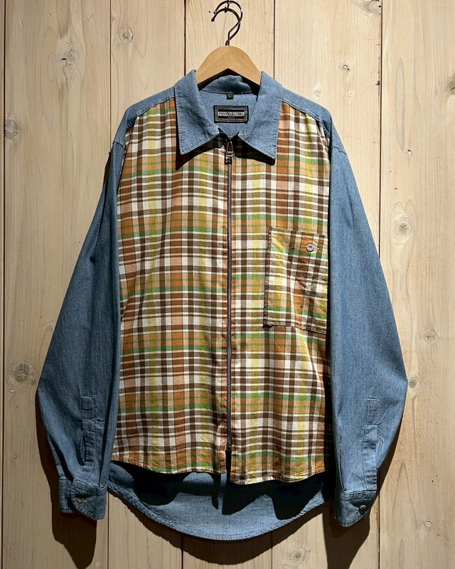 【a.k.a.C.a.k.a vintage】Checkered Switching Design L/S Zip-Up Denim Shirt Jacket