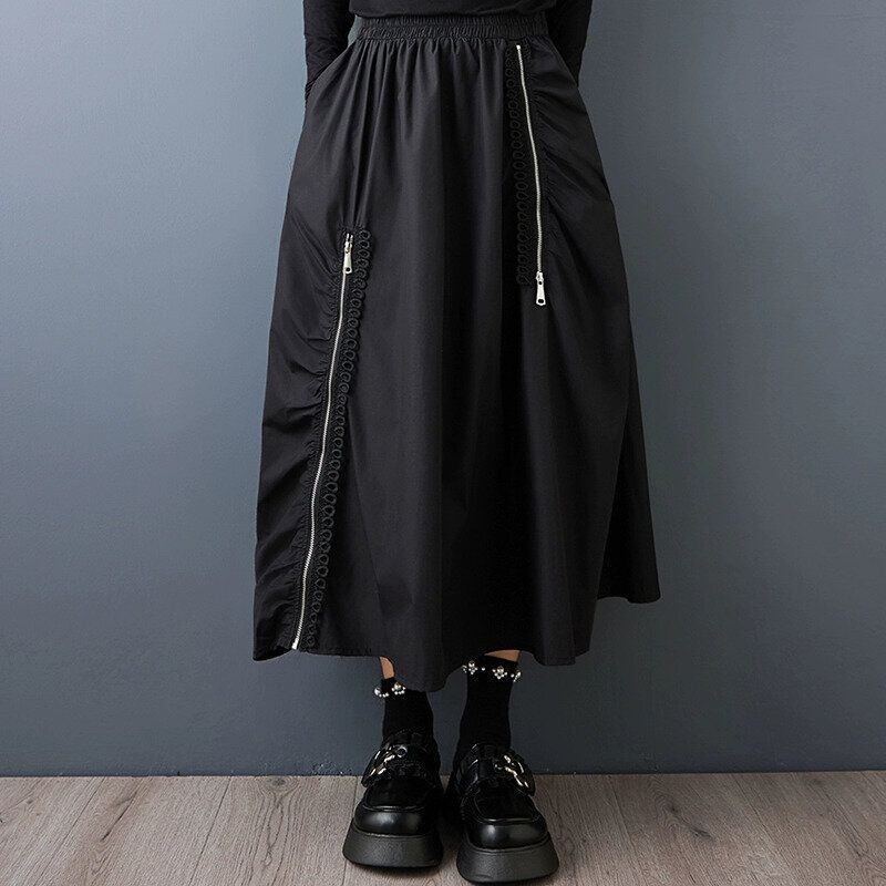 BLACK ELASTIC WAIST ZIP LINED A-LINE LONG SKIRT 1color M-14972