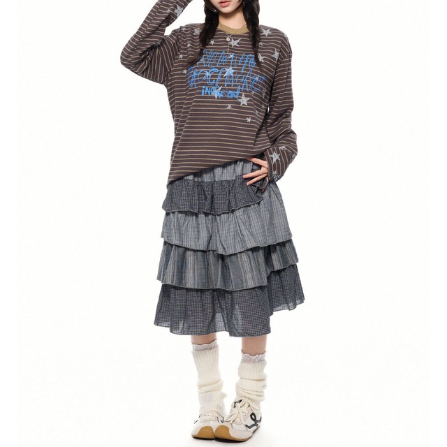スターピンストライプレタリングロングスリーブTシャツ 2col   R02565