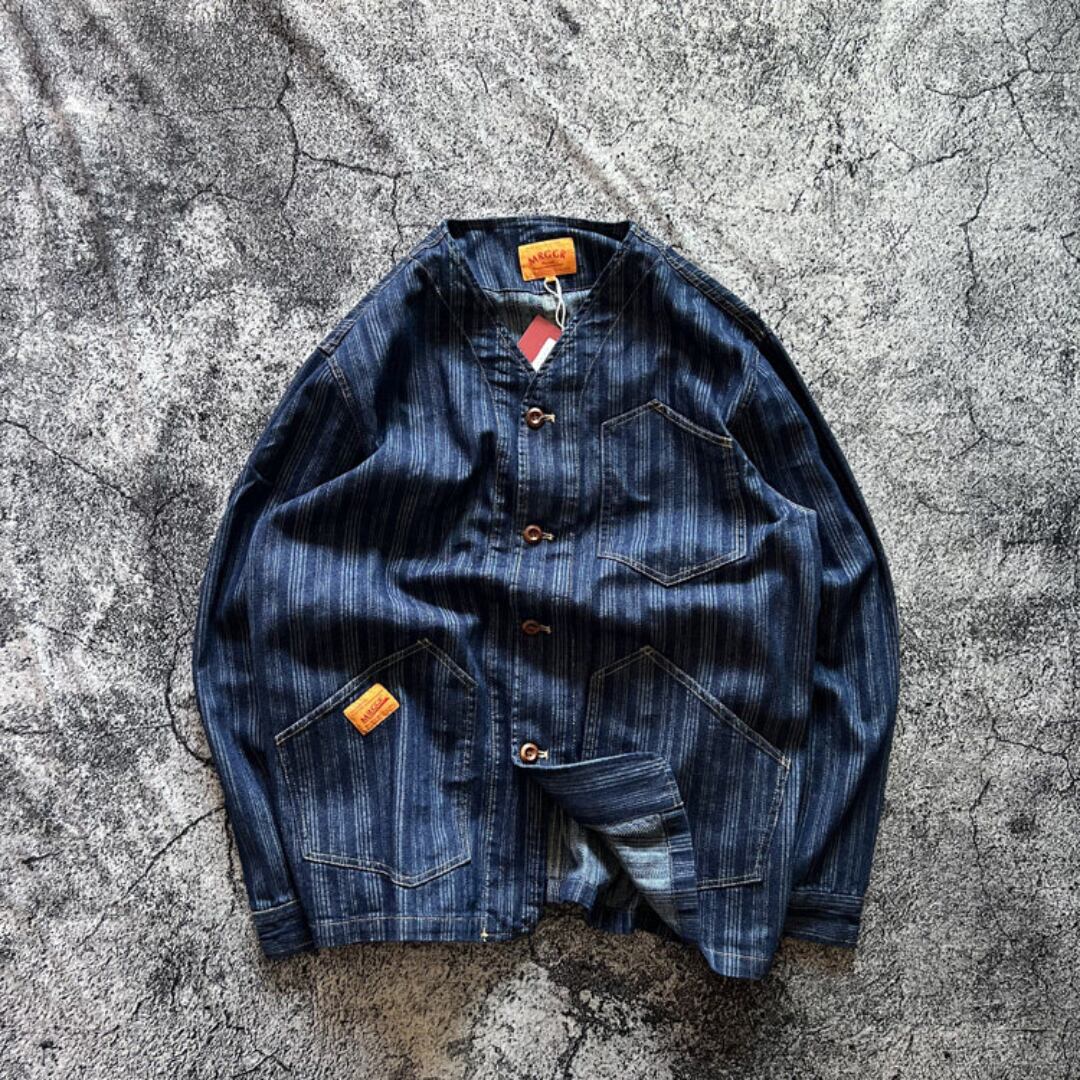 collarless layered dark blue striped Shirt(GV269)