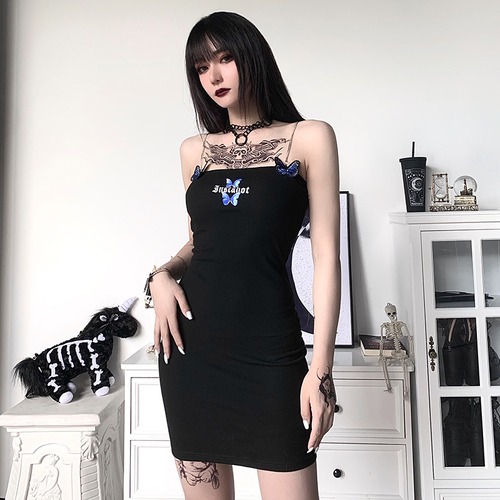 ✞ブラックButterfly蝶デザインタイトワンピースドレスOP 黒 ウエストすっきり スカート ✞✝✞ ゴスロリ SM ミリ 甘ロリ クラロリ 和ロリ エレガント 黒ロリ 姫ロリ 華ロリ AA-AA0702674