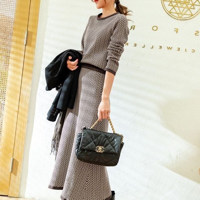 【予約販売】セットアップ レディース トップス スカート ニット ツーピース S/M/L/XL/2XL 膝下丈 七分袖 スリム レトロ おしゃれ フォーマル 結婚式 二次会 お出かけ