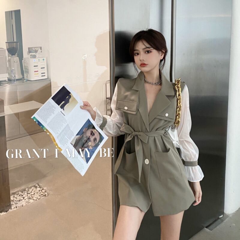 ブラックカジュアルスーツカラーウインドブレーカーレディース2020年秋ニュースタイルルーズスモールミドル丈気質ジャケット ブラックストロベリース39762761582