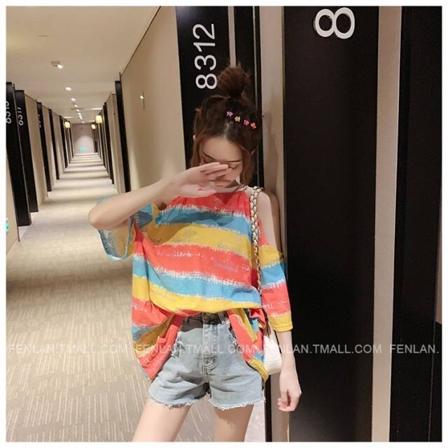 【即納】【送料無料】春新作 カットソー 半袖 レディース カットソー tシャツ カットソー レディース カットソー オフショルダー 韓国ファッション 春 秋 カットソー レディース トップス レインボー ストライプ ワンサイズ フリーサイズ