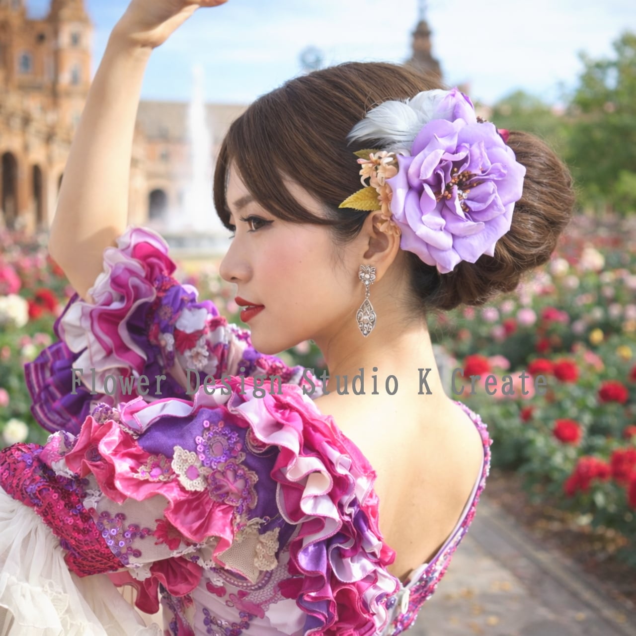 ラベンダー色の大輪の薔薇のヘアクリップ 紫 パープル ラベンダー色