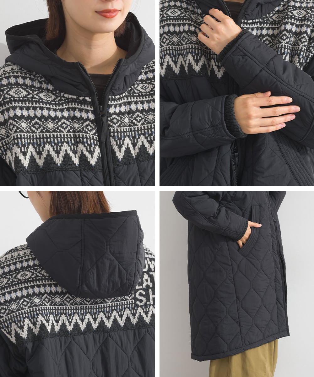 K53123 キルティングジャカードニット切替ZIPロングパーカー / Quilted