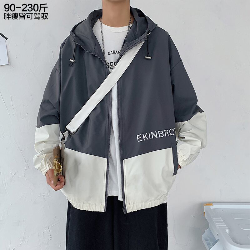 カラーブロックジャケット ルーズスタイルフードスプリングオータム 大きめサイズ 春物 秋物 ヒップホッププラスサイズ49539680385