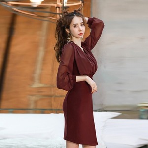 ワンピース ミニドレス 発表会ドレス ステージドレス キャバドレス タイトドレス ワンピドレス ショート丈 ミディアムドレス カシュクール ハイウエスト 長袖 Vネック きれいめ 大人 お洒落 クール セクシー エレガント 抜け感 デート お出かけ 休日 パーティー 送料無料 春 秋 冬 S M L XL ワインレッド