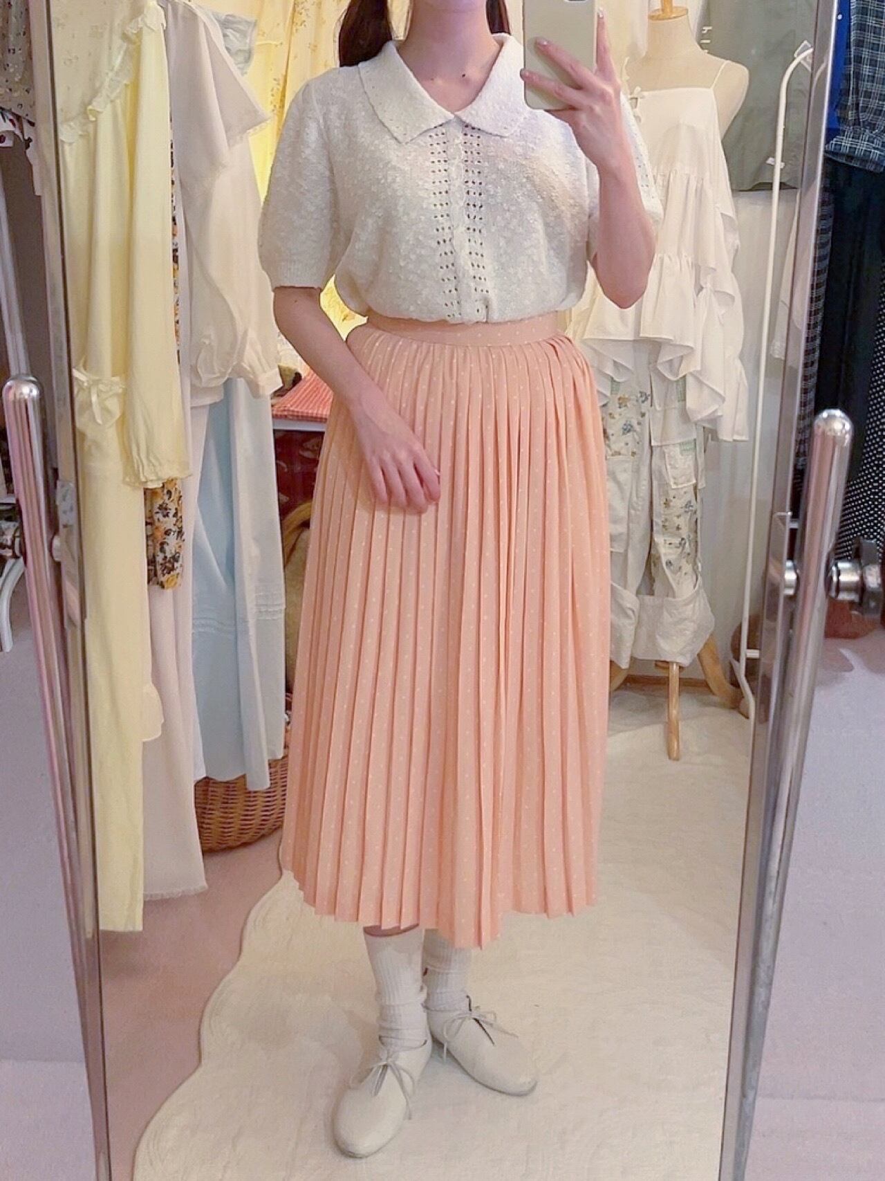 pale pink dot pleats skirt