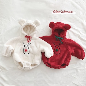 【クリスマス】ベビー フード付き　 防寒 ロンパース　