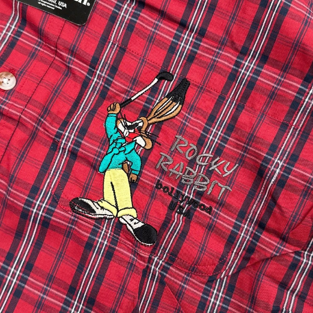 タグ付き/未使用!!◆ROCKY RABBIT ロッキーラビット キャラ刺繍 チェック柄 ボタンダウン BD 半袖シャツ M /メンズ ゴルフ/新品/赤/レッド