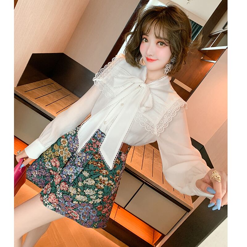 レースシャツ オータム ロング リボン 大人ガーリー スウィート キュート カジュアル 秋物 MIUCO18785292644