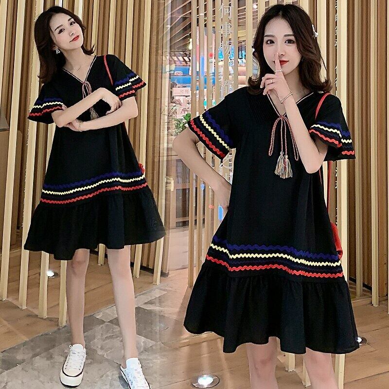 【新作】【送料無料】 2020妊婦サマードレスプレッピースタイルショートフレアスリーブVネックTelストライプパッチワークフリルマタニティシフォンドレス ラッフル 夏物 AL expec32446066213