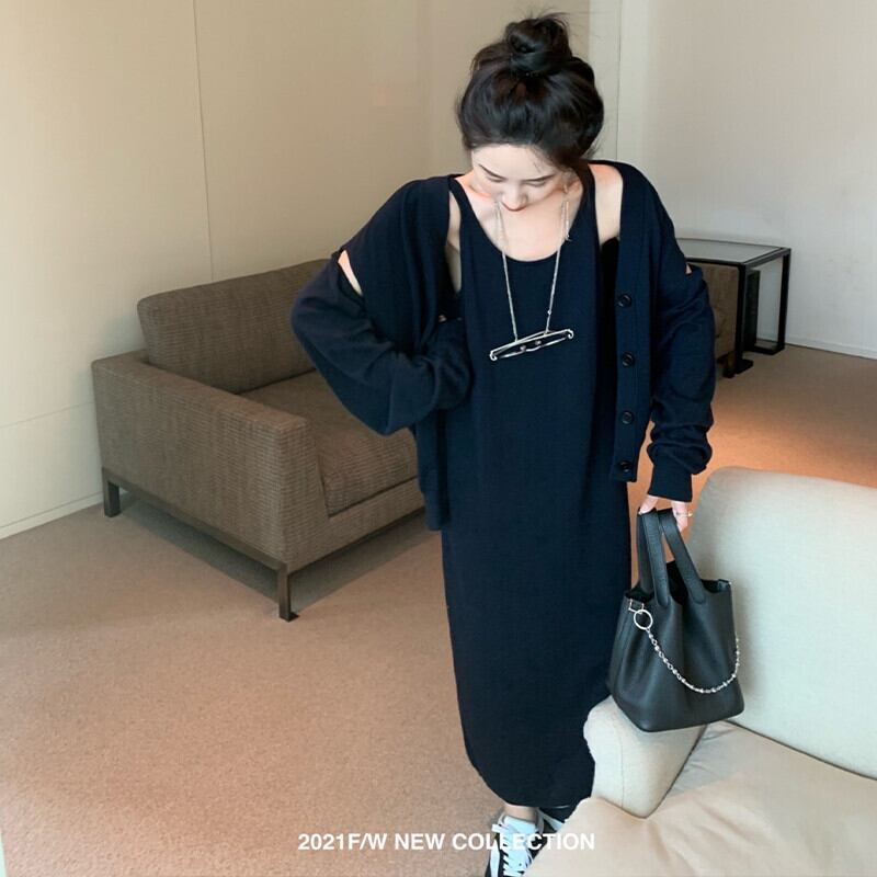 カーディガンニットルーズセーター ジャケット オータムノースリーブドレス 秋物 ガールズファッション8234029743