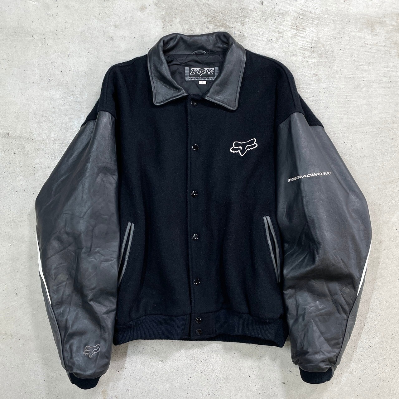 90年代 FOX フォックス ウールスタジャン 袖レザー メンズL 古着 90s 