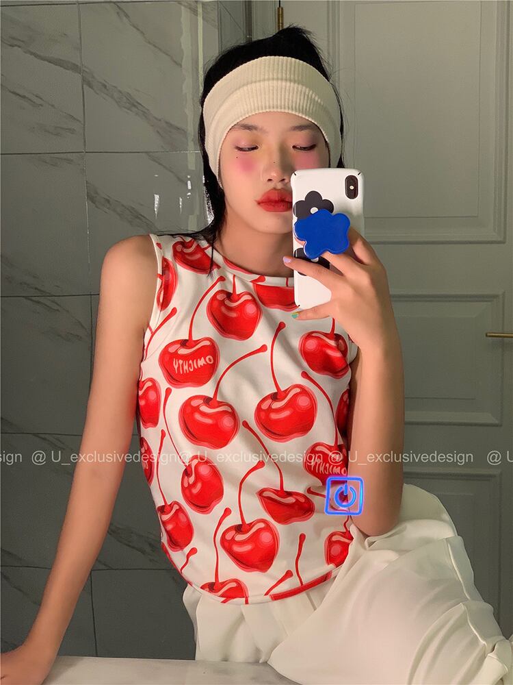 プリント柄ノースリーブレディースサマースタイルスリムラウンドネック 夏物 Oネック ビッグFスモールZ韓国57364598895