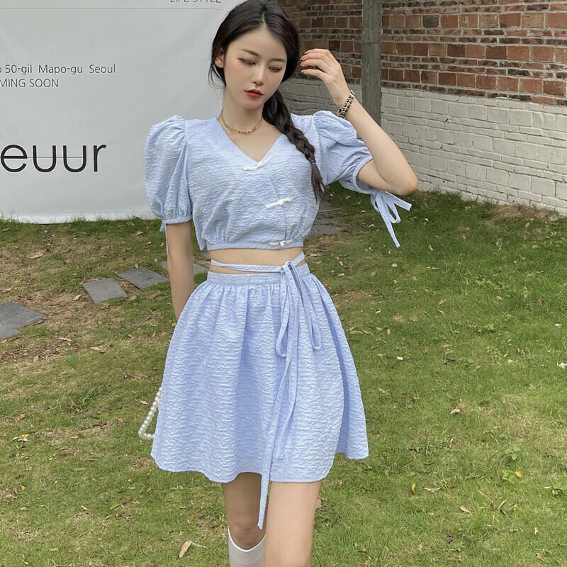 Vネックスリーブレースショートトップス レディースウェスト薄手ブルースカート サマー ストリート 夏物 ガールズファッション9257556981