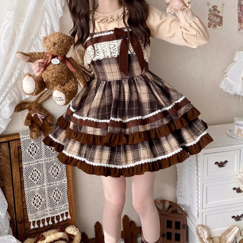 レトロチェック柄フリルワンピース ・74360