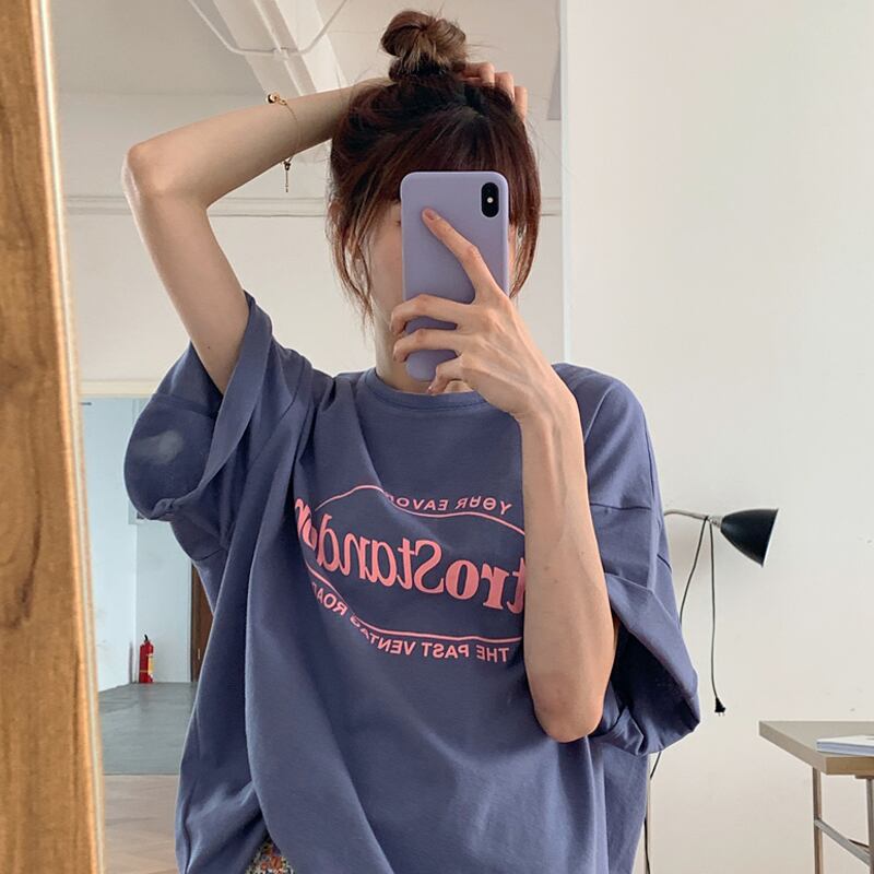 プリント柄ラウンドネックTシャツ サマーレッドルーズトップス 夏物 Oネック スーパーモール4295557791