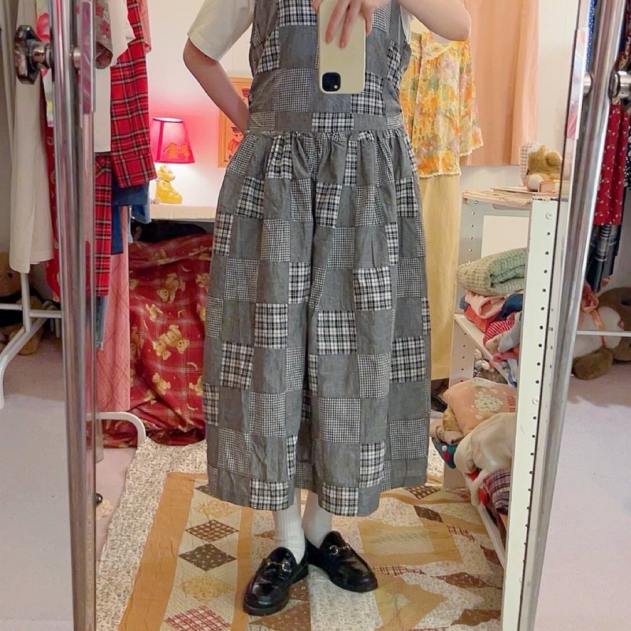 patchwork check apron one-piece