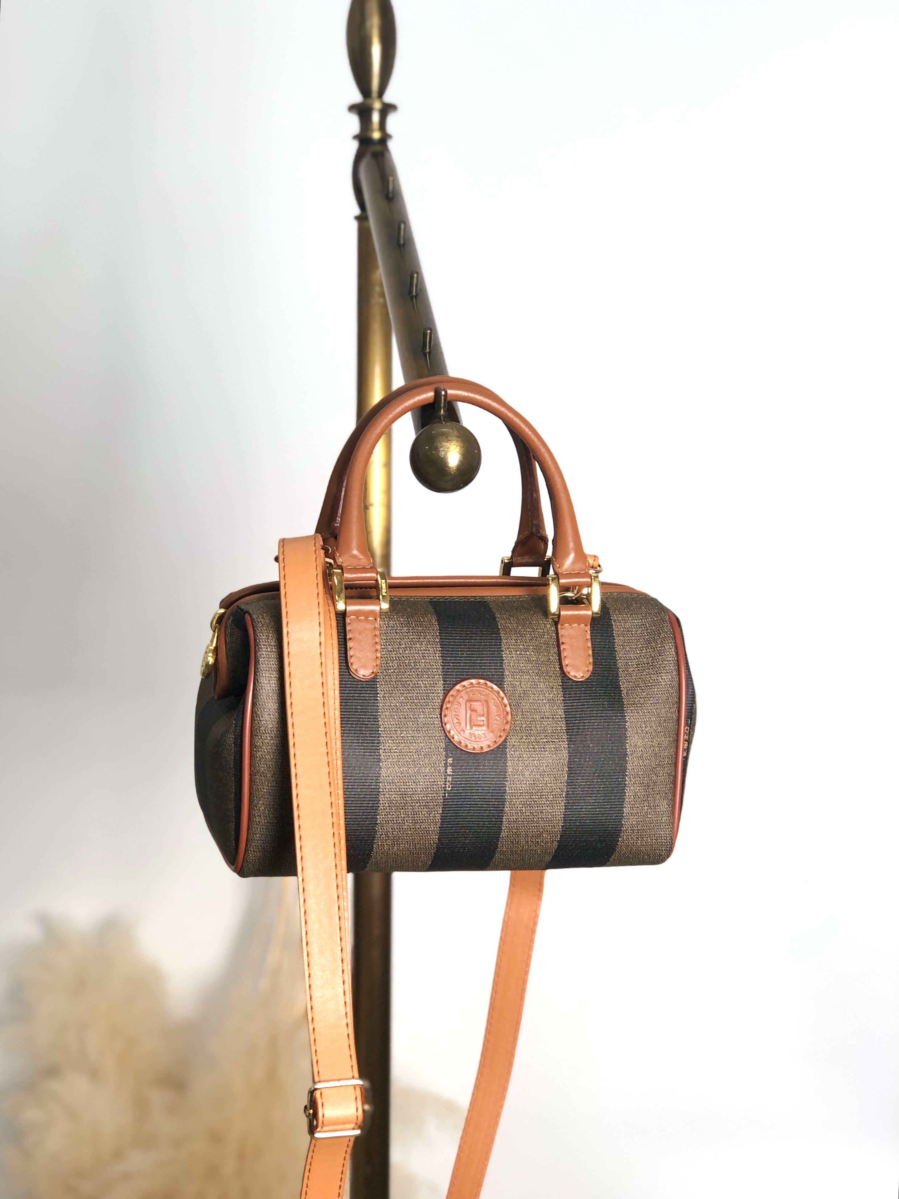 FENDI フェンディ ぺカン ハンドバッグ ブラウン FF PVCレザー ミニボストン vintage ヴィンテージ オールド bcu358