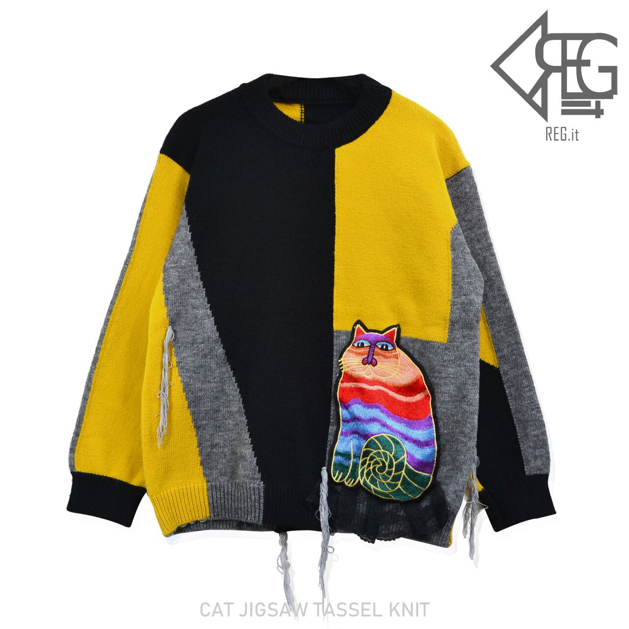 Regit 即納 Cat Jigsaw Tassel Knit 韓国ファッション ニット おしゃれ ネコ かわいい ユニーク ねこニット 10代代 Regit