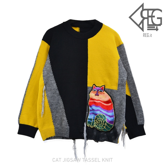 【REGIT】【即納】CAT JIGSAW TASSEL KNIT 韓国ファッション ニット おしゃれ ネコ かわいい ユニーク ねこニット 10代20代