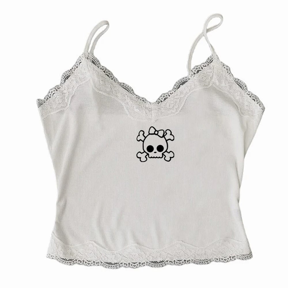 女性のアメリカンレトロレースボウプリントキャミソール、y2kクロップ