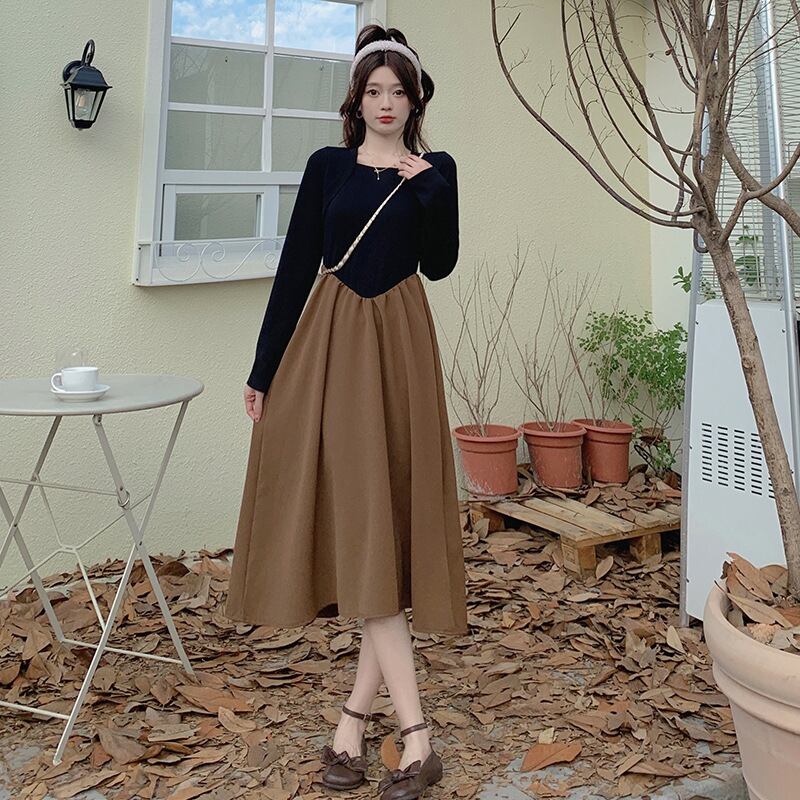 【新作】【送料無料】 デザイン、気質、多用途、レトロな対照的な色のステッチ、Aラインの大きな裾、年齢を軽減する痩身ドレスの実際のショット 0216381240218